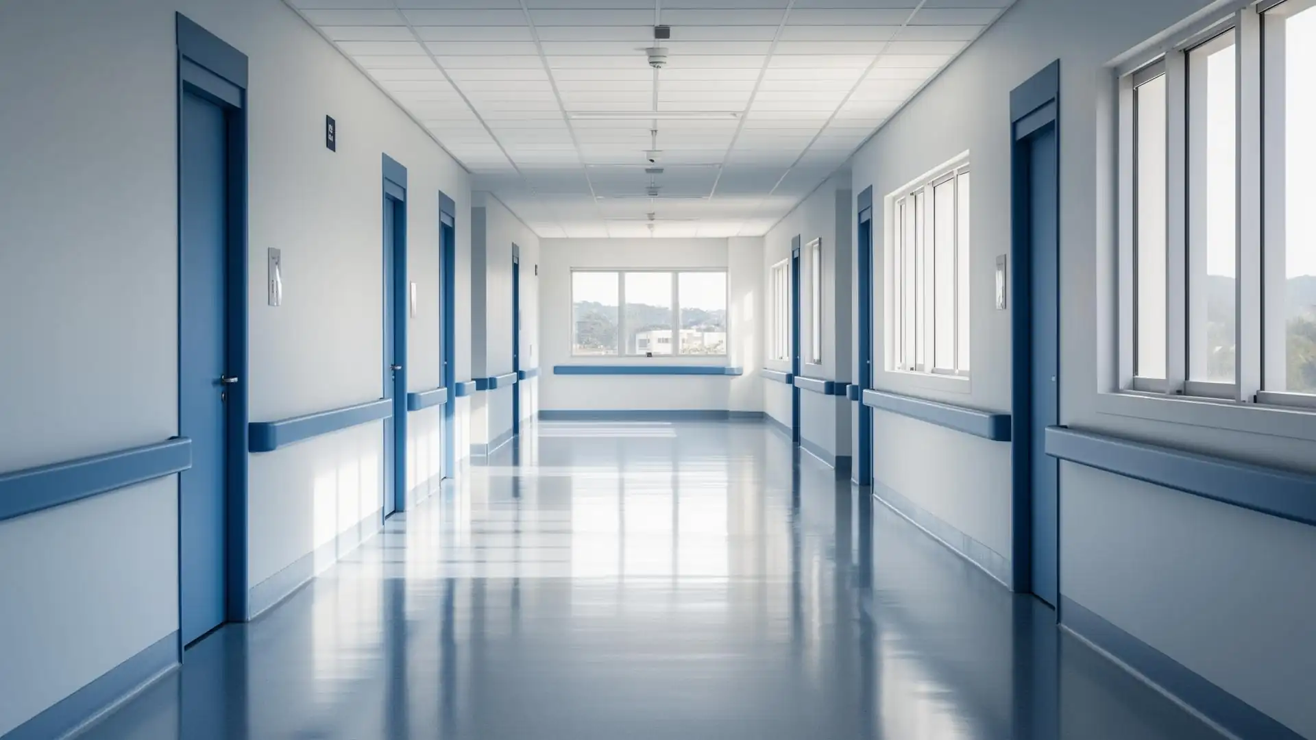 Corredor de hospital moderno representando rede credenciada de qualidade